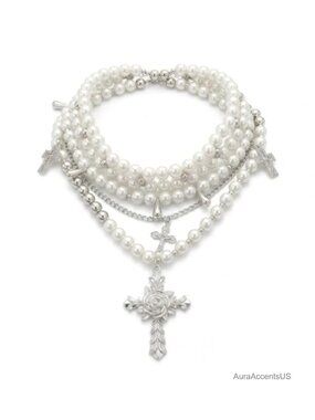 Layered Faux Pearl Cross Choker Necklace Women Silver-Tone Gothic Punk Y2K